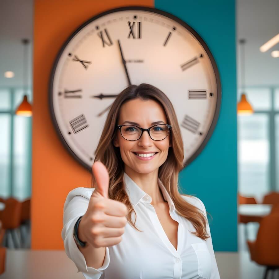 smiling businesswoman showing thumbs up and standing befor a big clock