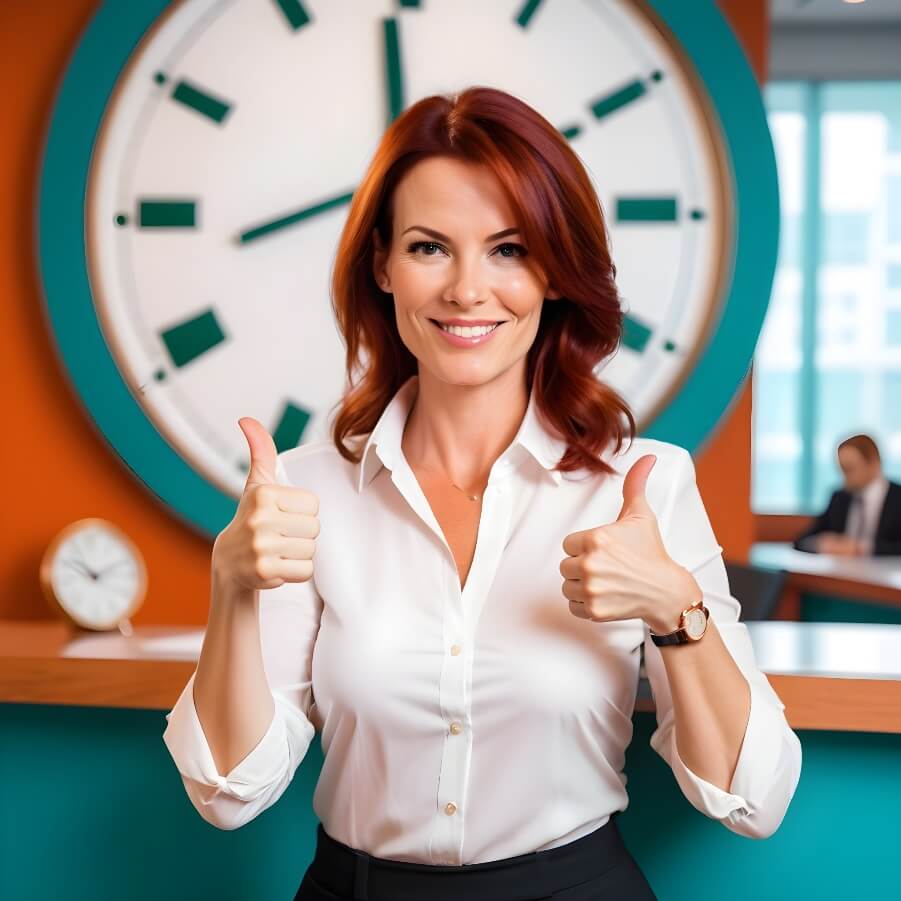 happy, smiling business women showing thumbs up, a big clock at the background